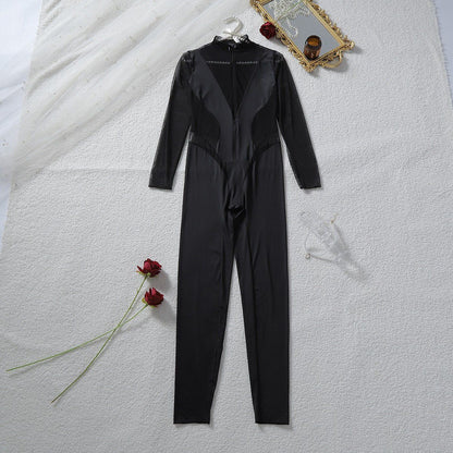 Czarne Body - Kombinezon Wetlook Mesh z Zamkiem na Dekolcie -