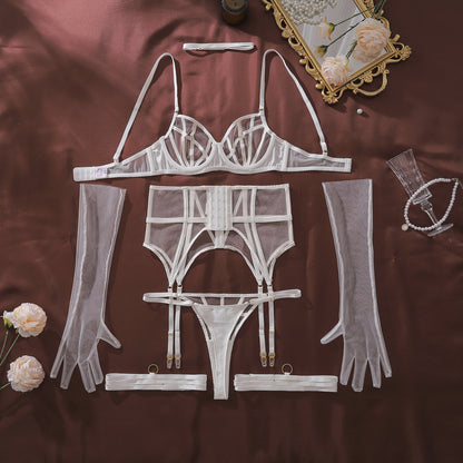 Komplet Bielizny "Kratka Pożądania" - Ekskluzywny Komplet z Rękawiczkami w Kolorze Czarnym Białym Czerwonym