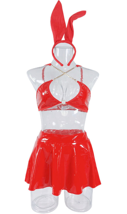 Bielizna Karmazynowa Kusicielka – Komplet Bunny w Stylu Wet Look
