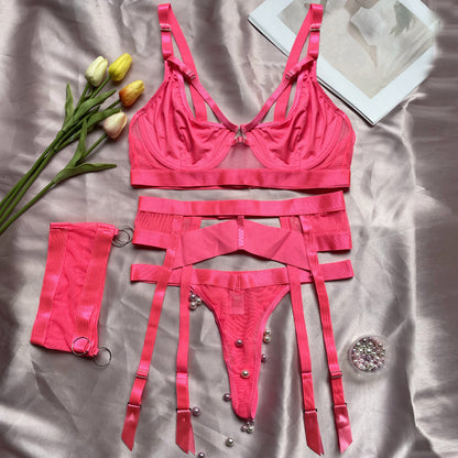 Zmysłowy Komplet "Neon Finesse" – 4-Częściowy Zestaw w Kolorze Intensywnego Różu