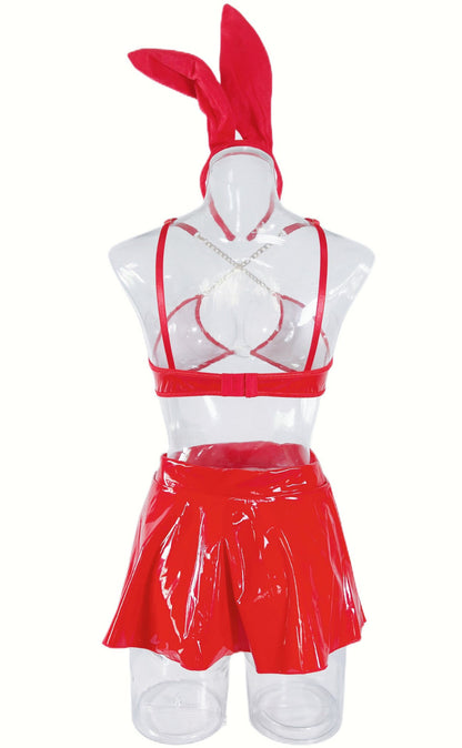 Bielizna Karmazynowa Kusicielka – Komplet Bunny w Stylu Wet Look