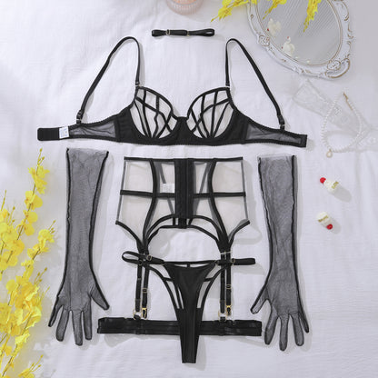 Komplet Bielizny "Kratka Pożądania" - Ekskluzywny Komplet z Rękawiczkami w Kolorze Czarnym Białym Czerwonym