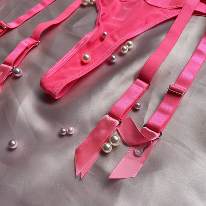 Zmysłowy Komplet "Neon Finesse" – 4-Częściowy Zestaw w Kolorze Intensywnego Różu