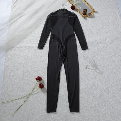 Czarne Body - Kombinezon Wetlook Mesh z Zamkiem na Dekolcie -