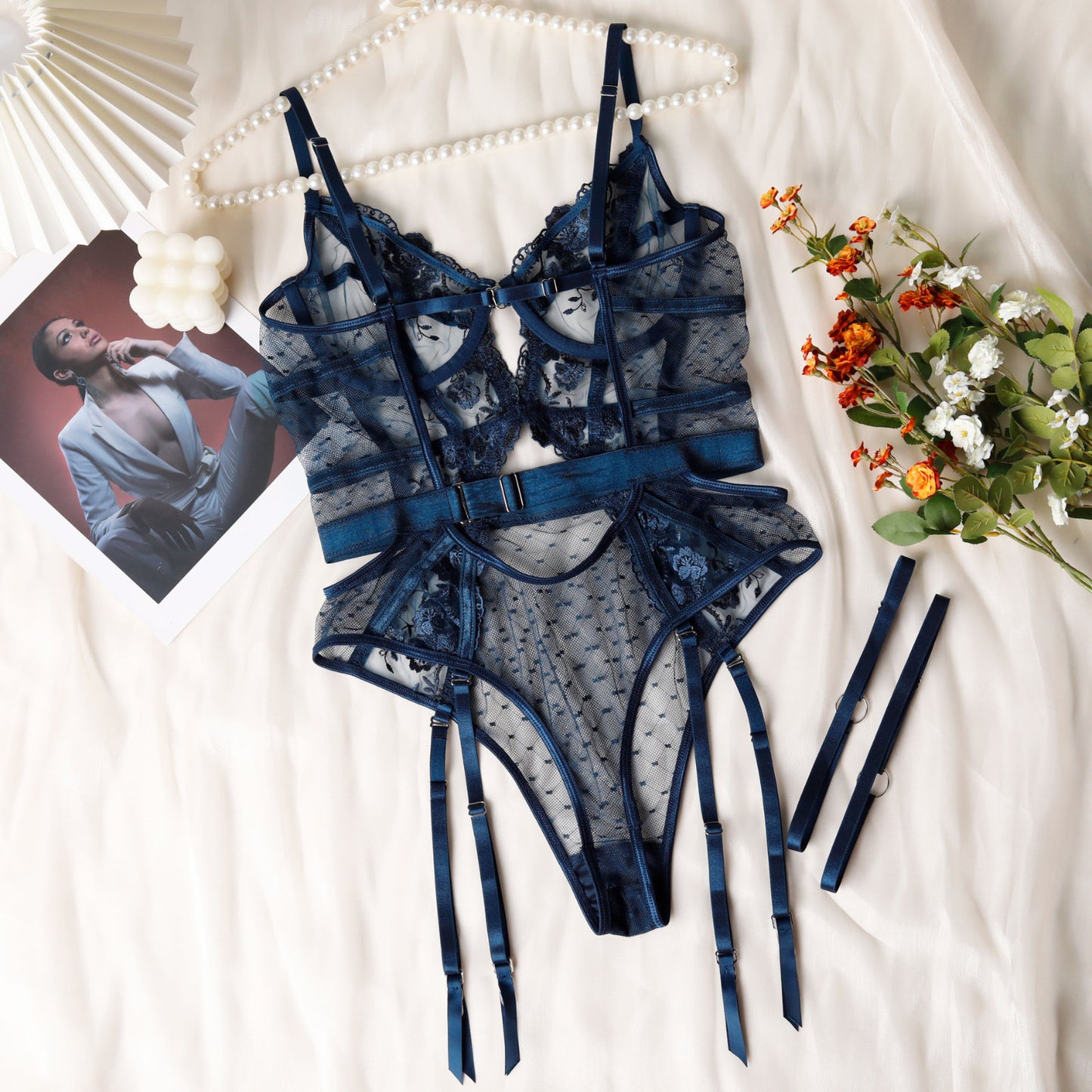 Zmysłowy Gorset/Body "Granatowa Noc" z Koronką i Paskami do Pończoch