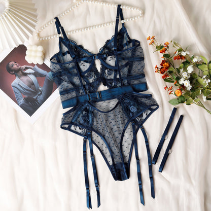 Zmysłowy Gorset/Body "Granatowa Noc" z Koronką i Paskami do Pończoch