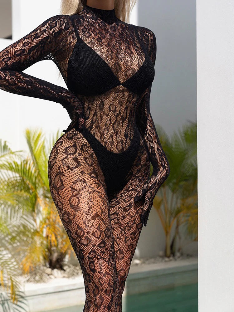 Elegancki Bodystocking z Koronkowym Wzorem w Jednym Rozmiarze