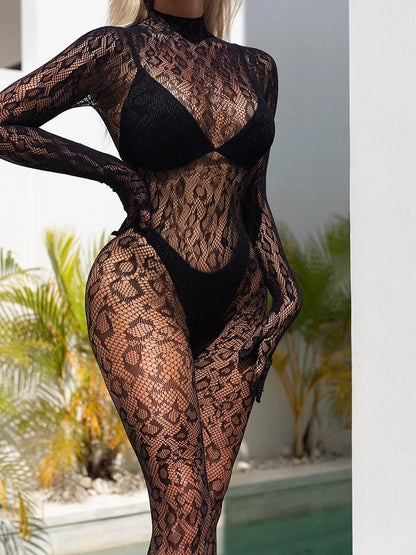 Elegancki Bodystocking z Koronkowym Wzorem w Jednym Rozmiarze