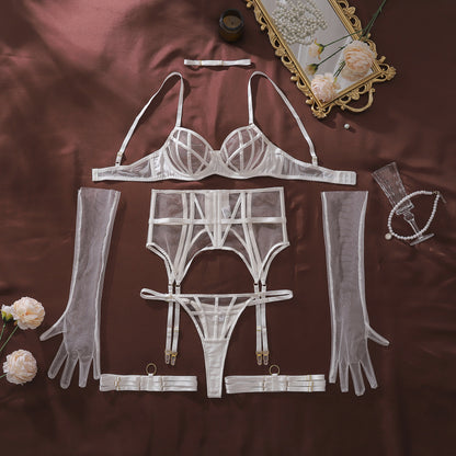 Komplet Bielizny "Kratka Pożądania" - Ekskluzywny Komplet z Rękawiczkami w Kolorze Czarnym Białym Czerwonym