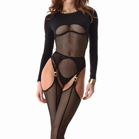 Komplet Midnight Noir – Zmysłowe Body z Siateczki z Pasem do Pończoch i Złotymi Detalami