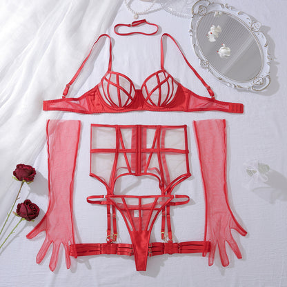 Komplet Bielizny "Kratka Pożądania" - Ekskluzywny Komplet z Rękawiczkami w Kolorze Czarnym Białym Czerwonym