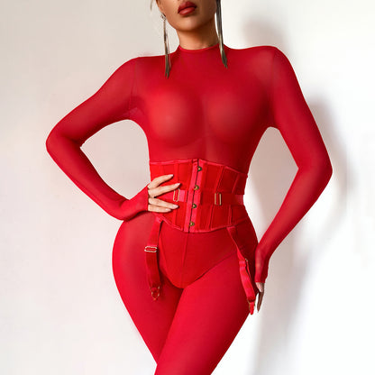 Luksusowy Czerwony Komplety Bielizny – Gorset, Bodystocking, Podwiązki